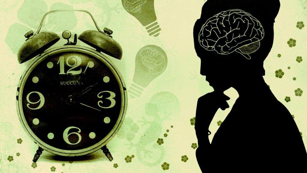 time, deadline, schedule, clock, analog, nostalgia, brain, mind, mental health, psychology, pondering, reflect, philosophy, introspection, perception, light bulb, female, woman, trauma, body, science, anatomy, doctor, human, biology