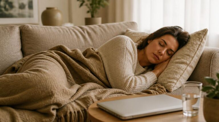 Woman taking a short afternoon nap on a couch at home, showing how long a nap should be for remote workers