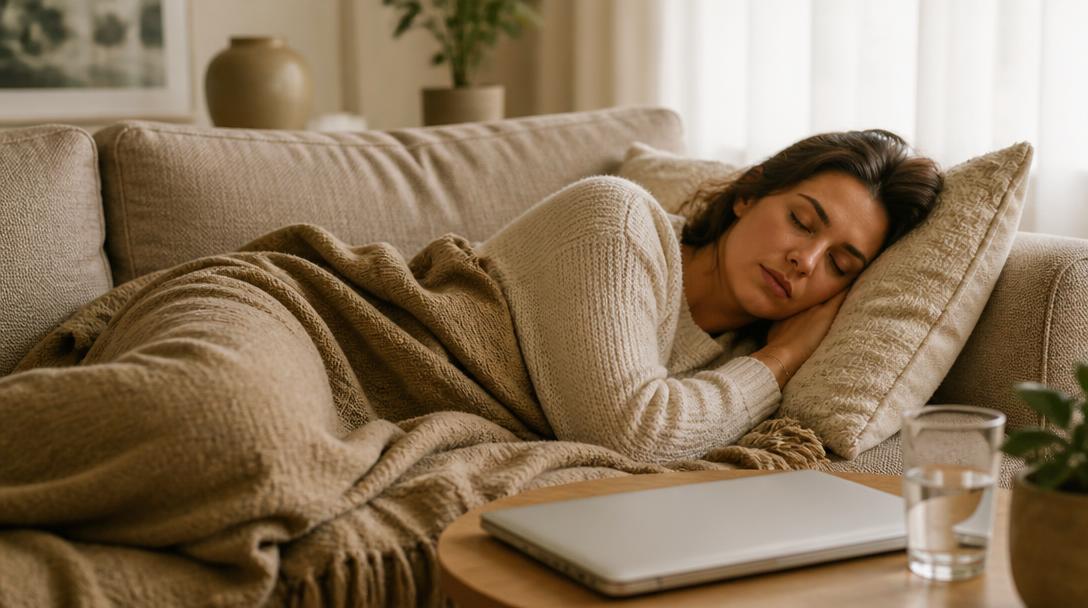 Woman taking a short afternoon nap on a couch at home, showing how long a nap should be for remote workers